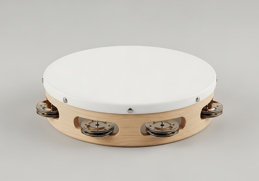 Elegant white tambourine with resonant jingles on a clean background