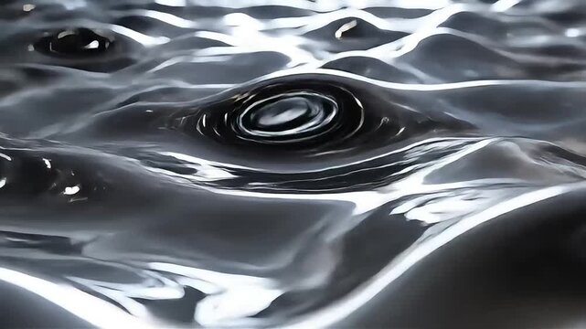 Viscous black liquid metal surface pulsating with concentric ripples and reflecting light, representing futuristic technology or scientific concepts like cymatics