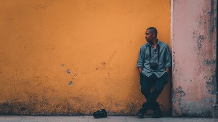 Obraz premium A man is leaning against a wall with a camera in his hand
