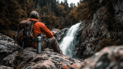 A man is sitting on a rock near a waterfall