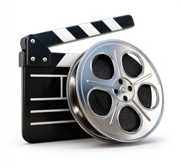Black film clapperboard with silver movie reel