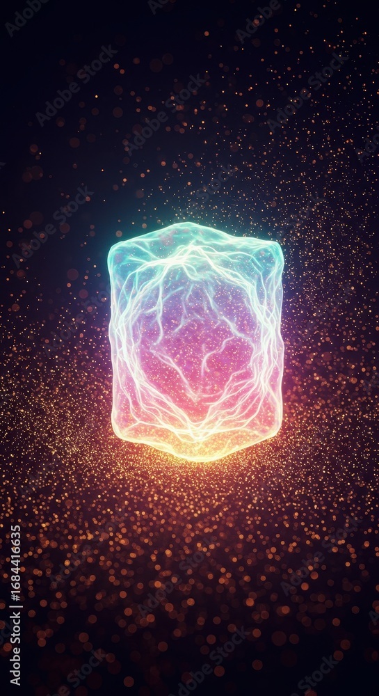 Aufkleber a vibrant, glowing cube shape is centered in a dark background, surrounded by a mesmerizing display 
