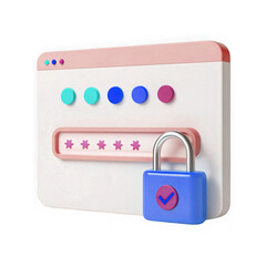 Clean minimalist 3d render of a stylized login screen with password field and padlock transparent background