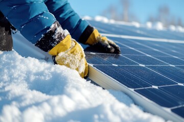 Solar Panel Snow Removal: A Person Clearing Snow from Solar Panels on a Sunny Winter Day