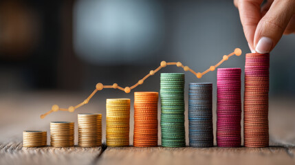 Stacked colorful coins with hand adding to tallest stack, symbolizing financial growth, tax increase, and opportunities. rising graph overlays image, emphasizing analysis and progress