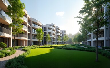 Modern residential buildings in the public green area. Real estate houses in Milan, Italy. High quality