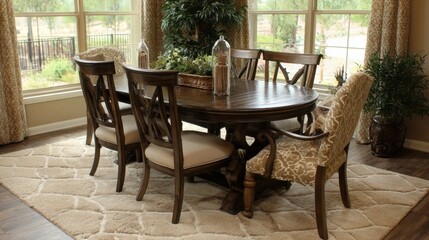 Obraz premium Elegant dining room setting with a circular wooden table, stylish chairs, and large windows showcasing natural light and greenery outside