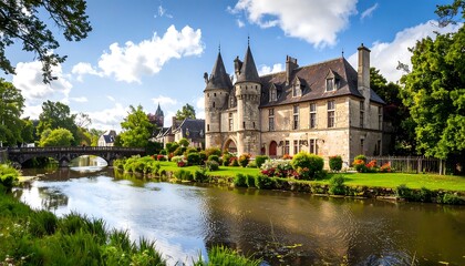 Obraz premium A picturesque stone castle stands beside a tranquil river, framed by lush greenery and a charming bridge under a bright sky.