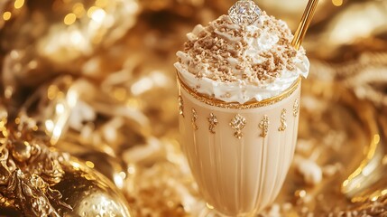 A diamond topped milkshake resting on a gold trimmed table