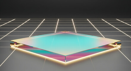 Futuristic iridescent product display podium on a glowing digital grid floor. Abstract technology stage for product presentation and mockup display