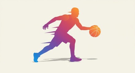 A dynamic silhouette of a basketball player in motion, showcasing vibrant color gradients and a sense of speed.