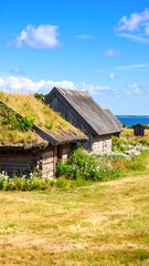 Obraz premium Picturesque wooden buildings with grassy roofs under a vibrant blue sky