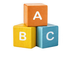 Close-up studio shot of three colorful wooden alphabet blocks abc in a stack transparent background