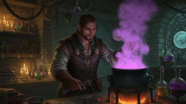 Wizard brewing potion in mystical laboratory setting