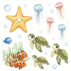 Cute watercolor sea creatures collection starfish jellyfish turtles and clownfish.