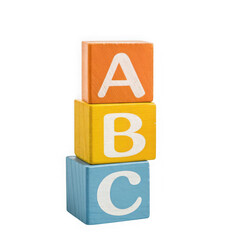 Stack of three colorful wooden alphabet blocks with letters abc studio shot transparent background