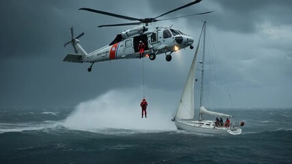 Helicopter Rescue Operation in Stormy Seas at Dusk