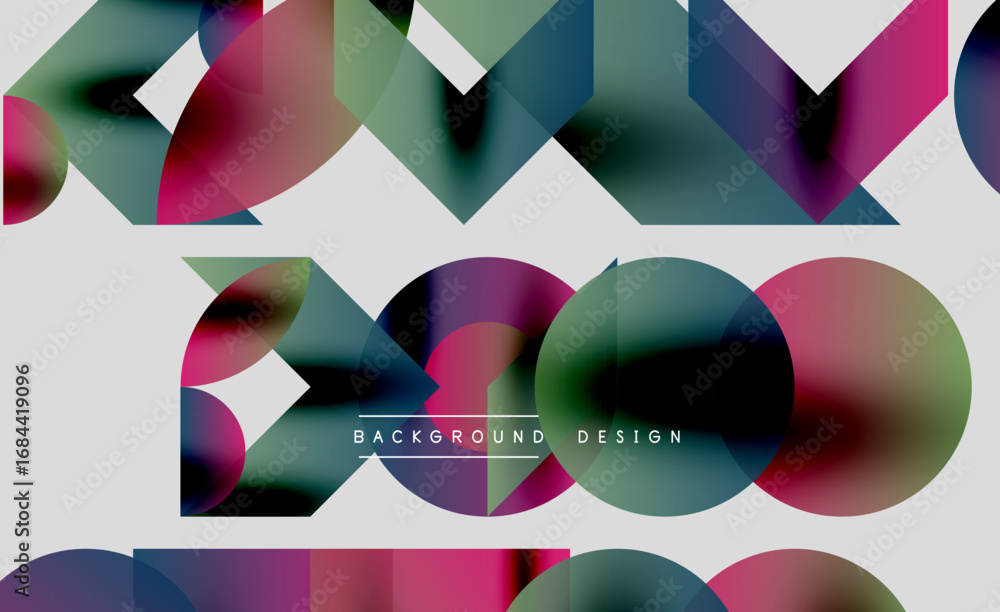 Poster abstract geometric shapes overlap, creating vibrant colorful background. design features circles, tr