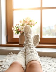 Legs in warm cream-colored knee-high socks, resting by a sunny window with flowers