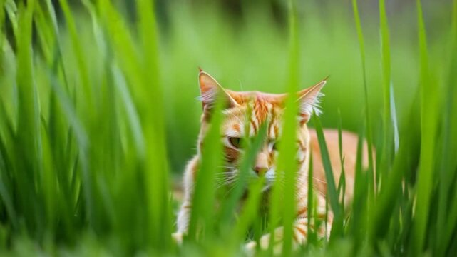 Scottish cat lies and relaxing at lawn in