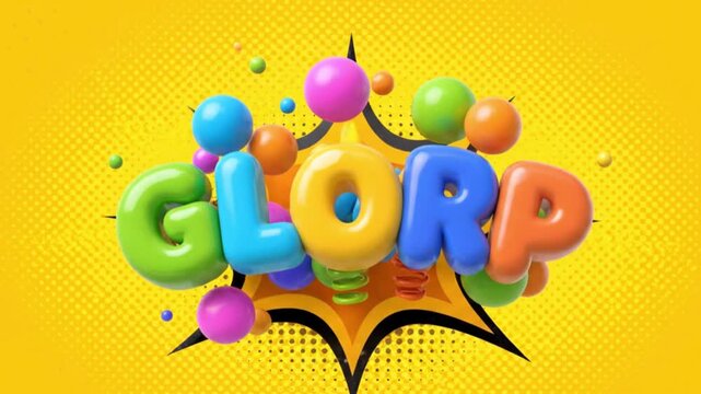 Playful 3D cartoon explosion with the word GLORP, colorful bouncy bubble letters, dotted smoke particles, pop art halftone shading, seamless retro animation