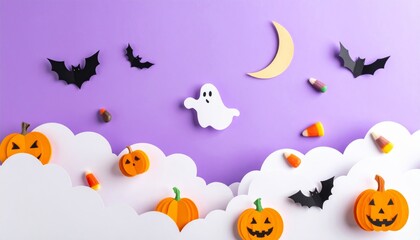 Obraz premium A fun cartoon vector illustration of a Halloween holiday background with bats, pumpkins, and a blue cloudy sky
