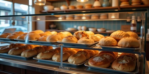 Cozy bakery display concept. Freshly baked bread displayed in a cozy bakery setting.