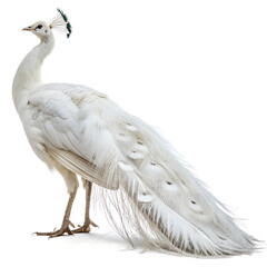 A majestic white peacock standing with its feathers closed, on a pure white background.