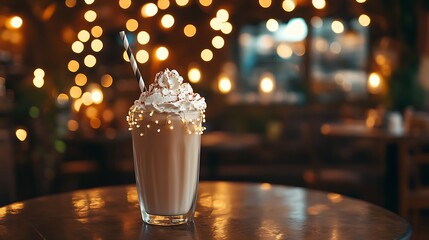A dreamy cafe setting milkshake with whipped cream fairy lights glowing warmly