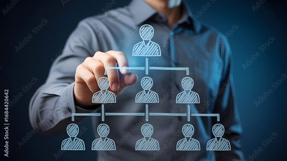 Poster man illustrates company hierarchy, visualizing team structure concept