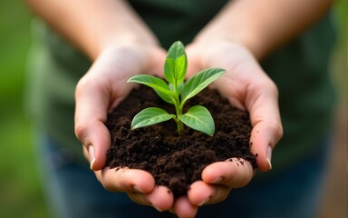 Hands together, plant soil and nature growth with sustainability and community work. People, green leaf and environment project for gardening, farming and sustainable eco dirt for agriculture