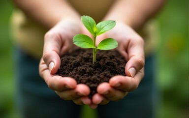Hands together, plant soil and nature growth with sustainability and community work. People, green leaf and environment project for gardening, farming and sustainable eco dirt for agriculture