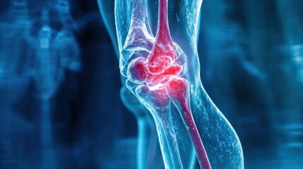 X-ray of human knee joint and leg on blue background 3D rendering
