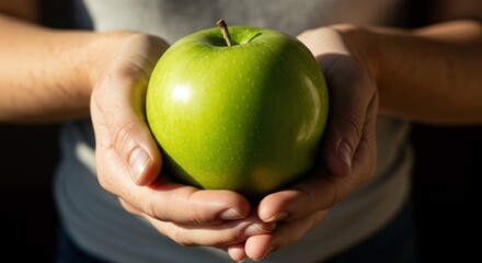 Two hands hold a bright green apple lit by sunlight