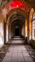 A decaying hallway with an ominous red light