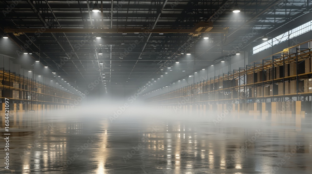 Poster large futuristic distribution center with steel framework and shelving system under artificial light
