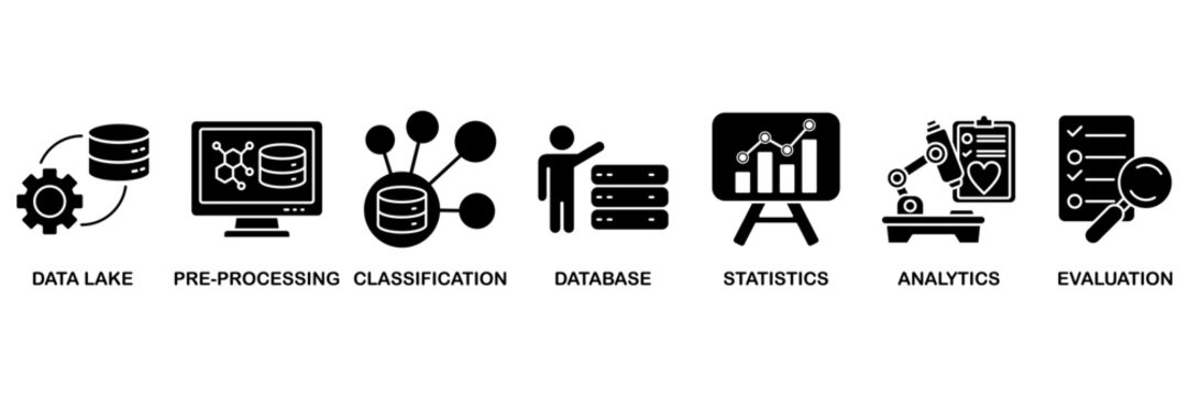 Data engineering banner web icon vector illustration concept for� data lake, pre-processing, classification, database, statistics, analytics and evaluation