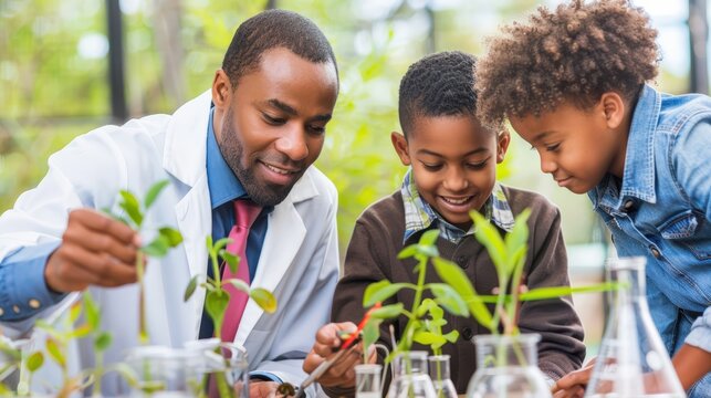 African male teacher in lab coat teaching two school boys how to observe plant growth during science experiment activity in greenhouse environment using tools and test tubes for hands-on learning.