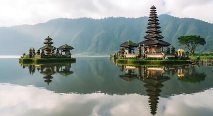 Beautiful Balinese Temple on a Serene Lake with Mountain Backdrop.