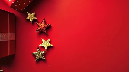 Christmas presents delivery service. New Year video. Preparation for holidays. Gift boxes wrapped in red paper with white bow on red background. Concept of holidays and greeting video with copy space - Powered by Adobe