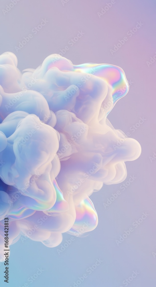 Poster abstract pastel-hued cloud-like forms with iridescent highlights create a dreamy and ethereal compos