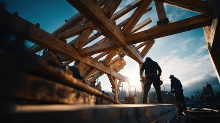 Construction Crew Assembling Wooden Roof Structure Under Sunrise