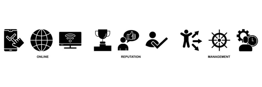 ORM banner web icon vector illustration concept for online reputation management with icon of internet, browser, winner, trust, favorite, and business