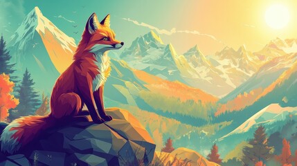 Fox on Mountain: Isometric Geometrical Design Illustration in Beautiful Landscape digital sitting rock