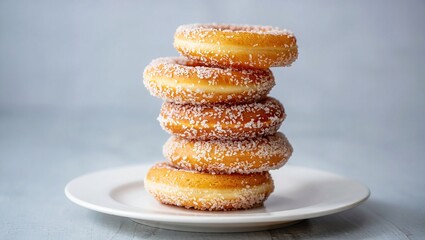 Delicious stack of sugared doughnuts, sweet and appetizing treat.