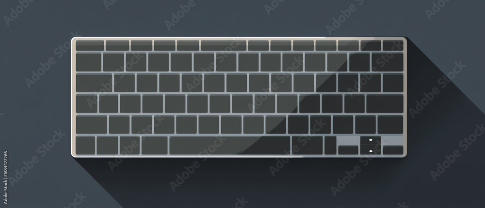Poster minimalist computer keyboard with flat keys and a sleek design, casting a long shadow on a dark surf