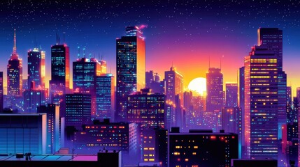 Dynamic Comic Book Style of a Vibrant City Skyline at digital illustration night