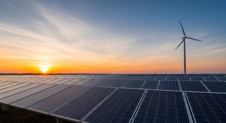Stunning solar farm and wind turbine at vibrant sunset, showcasing renewable energy future