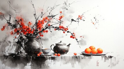 Chinese Still Life Painting of Traditional Culture Using Ink, Brush, table vase red flowers