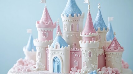 A fairy tale castle cake with pastel towers and edible glitter details